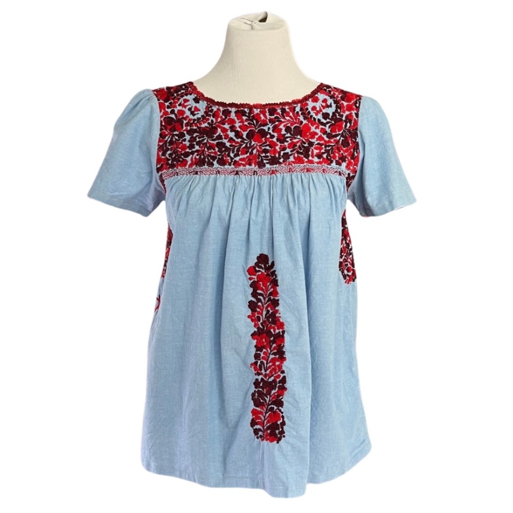 Mi Golondrina Liliana Blouse Blue Red Embroidered Floral Women’s XS